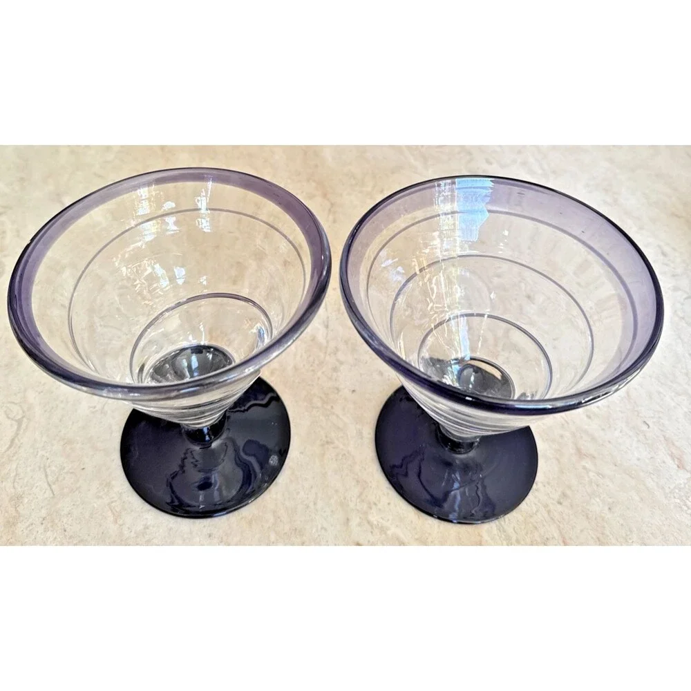 KOSTA BODA Pair Royal Caribbean Handblown Margarita Martini Glass Cobalt Blue